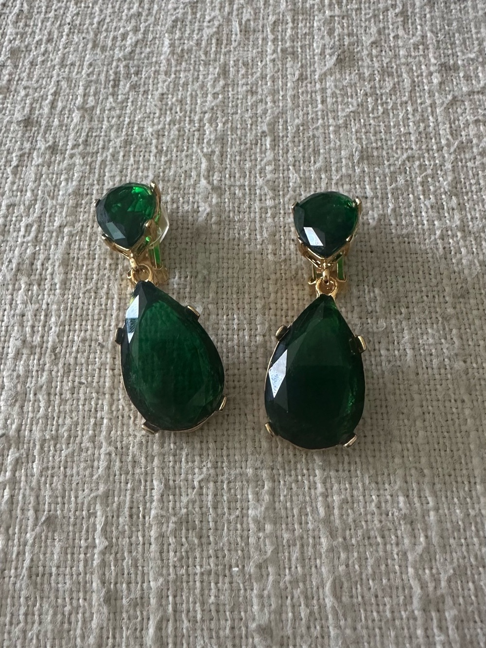 Kenneth Jay Lane Gold-Tone Emerald Green Teardrop Clip-On Earrings - Picture 7 of 10